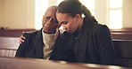 Sad senior mother, woman and church with hug, grief or empathy with care, support and mental health for funeral. Mom, daughter and embrace with depression, loss or death in family, together and faith