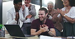 Clapping, high five and business people on computer bonus, startup goals, profit or project celebration in office. Happy group of men and women with teamwork, success or support for winning on laptop