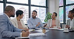 CEO, tablet or business people in meeting planning our vision, mission or online strategy in digital agency. Collaboration, leadership or manager in discussion for sales or financial growth in office