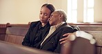 Funeral, sad and woman with senior mother in church hug for empathy, comforting and support. Depression, family and sad women embrace for mourning, grief and sorrow in chapel for death ceremony