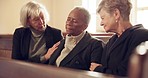 Funeral, empathy and sad senior women in church hug for compassion, comforting and support. Depression, friends and elderly female people embrace for mourning, grief and sorrow in chapel for ceremony