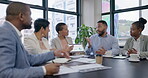 Tablet, teamwork or business people in meeting planning vision, mission or strategy in discussion together. Collaboration, leadership or businessman talking or speaking of screen in startup agency