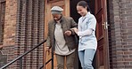 Stairs, senior woman and nurse with support and help outdoor with walking cane and physical therapy. Elderly female person, rehabilitation and caregiver with patient at steps together at nursing home