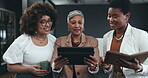 Business women, team and advice with tablet in office for data analysis, search internet and planning information. Diversity of female staff, digital technology or website connection, network and app