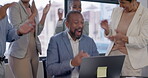Success, applause or happy black man with laptop in celebration of trading goals or online target. Stock market, winner clapping or excited financial trader winning a bonus prize on crypto website 
