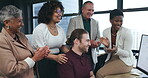 Applause, success and business people on computer for winning bonus, financial goals or profit celebration in office. Finance group, men and women clapping for winner or online news on desktop screen