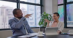 Funny, laughing and business people with handshake after success or winning a deal or proposal in a startup company. Office, employees and friends with a joke or fist bump as a celebration or a goal