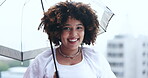 Face, happy and woman with umbrella for rain weather in urban city for travel. Portrait, smile and female person with parasol outdoor for shield, protection from water drops or winter in South Africa