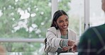 Business woman, handshake and interview greeting with success and agreement in office. Thank you, hiring and female professional at company with motivation and shaking hands with job introduction