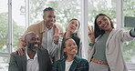 Employees, selfie and smile with peace sign at office for profile photo with diversity or marketing team. Happy, face, worker and hand gesture for collaboration and cellphone for social media update.