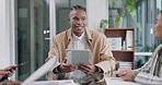 Tablet, happy business people with boss and black man at pitch feedback for project management workshop. Teamwork, meeting and team with ceo, online report and brainstorming together on job proposal.