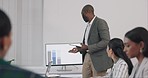 Business, presentation and man coaching with statistics on ideas, growth and development at workshop. Leadership, strategy and planning, speaker or presenter at corporate conference or office seminar