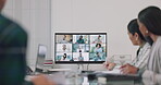 Video conference, business people and meeting of team in boardroom of online presentation, plan discussion or workshop. Group, virtual communication or global webinar call on digital screen in office