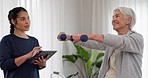 Senior woman, dumbbell or physiotherapist with tablet for assessment, fitness exam or to track recovery rehabilitation. Physiotherapy, arm exercise or person helping old patient with training workout