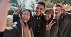 Happy people, friends and peace sign for selfie, photography or outdoor memory in nature together. Group smile in happiness for travel, holiday weekend or social media photograph in winter forest