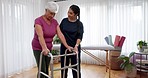 Physiotherapy, senior woman and walking frame support, Physical therapy consultation and muscle health. Elderly person or patient with disability and nurse, chiropractor or doctor helping in studio