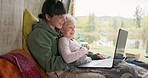 Laptop, happy and mother with child in bed laughing for watching movies, streaming comedy and cartoon. Family, love and mom with daughter on computer for internet, online videos and entertainment