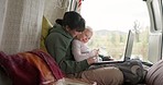 Mom, girl and camping holiday with laptop, rv or transport for typing, search or games by lake. Computer, mother and daughter with press, keyboard and bonding in camper with video, movie or education