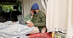 Relax, camping and laptop with couple in nature for watching movie, streaming and peace. Adventure, travel and vacation with man and woman in camper van for road trip, love and film subscription