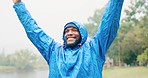 Outdoor, black man and open arms with fitness, target and winning with motivation, exercise and adventure. Workout goals, person or athlete with success, travel and winner with happiness or celebrate