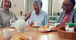 Friends, senior people and drinking tea and laughing at table in a retirement home. Elderly women and a man with coffee, conversation and cookies for bonding, funny quality time and relax together