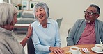 Tea, senior people and friends talking at table in a retirement home. Elderly women and a man with coffee, funny conversation and cookies for bonding, laugh and quality time or relax together