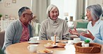 Friends, senior people and laughing with tea at table in a retirement home. Elderly women and a man with coffee, funny conversation and cookies for bonding, joke and quality time or relax together