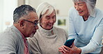 Friends, phone and senior people talking in a retirement home with internet connection. Elderly women and a man relax together with a smartphone for memory, social media or pension discount website