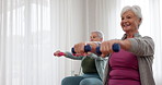 Senior woman, dumbbell in class for workout, exercise or training together in weightlifting at old age home. Happy elderly women in fitness, weight loss or practice for arm muscle or strength indoors