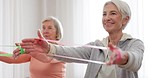 Band, yoga class and senior happy people stretching, listening and exercise arm for activity, retirement or club. Resistance fabric, pilates and elderly women training, fitness and workout in studio