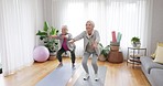 Fitness, yoga and elderly woman friends in a home studio to workout for health, wellness or balance. Exercise, zen and chakra with senior people training for mindfulness together while breathing