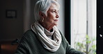 Elderly woman, wheelchair and thinking by window in retirement for hope, dream or faith at old age home. Lonely senior female or person with a disability in wonder, decision or looking out glass