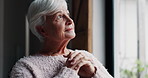 Senior woman, face and thinking by window in retirement for hope, dream or faith at old age home. Lonely elderly female person in wonder, decision or choice looking out glass at life, idea or support