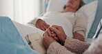 Holding hands, bible and senior women in hospital for prayer, hope or support, empathy and comfort. Elderly friends, book of religion and patient with cancer, sick or medical disease on bed in clinic