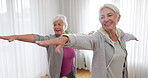 Exercise, yoga and senior woman friends in a home studio to workout for health, wellness or balance. Fitness, zen and chakra with elderly people training for mindfulness together while breathing