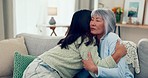 Support, daughter and hug for a sad mother with depression in a nursing home with Alzheimer. Family, care and a woman with love and kindness for an Asian senior mom with a mental health problem