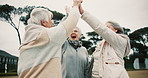High five, celebration and group of senior friends together for support, success and happiness in outdoor competition. Team building, community and elderly people bonding in the park, woods or garden