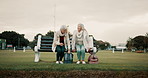 Relax, high five and friends with old women on park bench for freedom, support and health. Retirement, happiness and celebration with senior people walking in outdoors for wellness, peace and calm