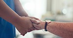 Nurse, holding hands and senior patient with gratitude and caregiver support in retirement home with empathy. Elderly person, healthcare and doctor with kindness, helping and hope in a clinic 