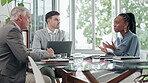 Business people, manager and meeting for financial discussion, listening to proposal and feedback or advice. Accountant woman, clients and corporate CEO with investment information or group agenda