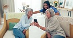 Senior women friends, nurse and selfie for smile, relax or memory in lounge, post or web blog. Elderly Asian lady, group and photography for social media, profile picture or diversity in nursing home