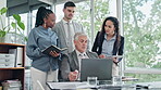 Business people, meeting collaboration and laptop, notebook or teamwork for stock market, finance or workflow. Group of women and men talking, accounting planning and research or proposal on computer