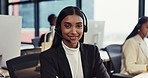 Happy woman, call center and headphones for customer service, support or telemarketing at the office. Portrait of female person or consultant agent smile in confidence for online advice or contact us