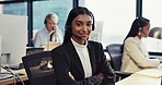 Happy woman, call center and headphones with arms crossed in customer service or telemarketing at office. Portrait of female person or consultant smile in confidence for online advice or contact us