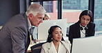 Senior businessman, call center and coaching team on computer in customer service at the office. Man executive, CEO or agent training staff, woman or people in telemarketing for online advice or help