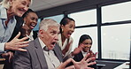 Celebration, applause and business people with success on a computer or corporate achievement. Excited, surprise and employees with support or wow for a professional goal, collaboration or email