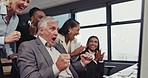 Excited, applause and business people with success on a computer or corporate achievement. Happy, surprise and employees with support or wow for a professional goal, collaboration or email