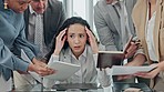 Business, chaos and woman with stress, multitasking and workflow crisis with headache, burnout and pressure from team. Migraine, female person or corporate leader with anxiety, overworked or deadline