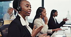 Call center, speaking and happy woman, consultant or agent in telemarketing communication or customer support. Workspace, virtual business and African person talking for CRm, online advice or helping