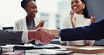 Business people, meeting and handshake, clapping and partnership success for financial deal or achievement. Congratulations, applause and b2b person shaking hands for negotiation goal, sales or bonus